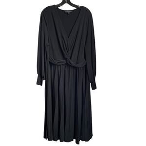 Women Eloquii Black Knot Front Long Sleeve‎ Pleated V-Neck Matte Jersey Dress 18